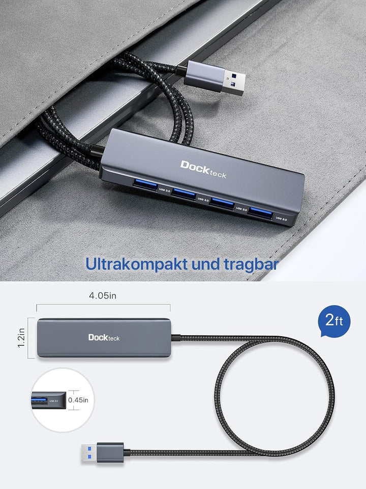 Dockteck USB Hub 3.0 Ultra Flacher Datenhub mit Nylon Geflochten Verlängerungskabel 60cm,Mehrfach US