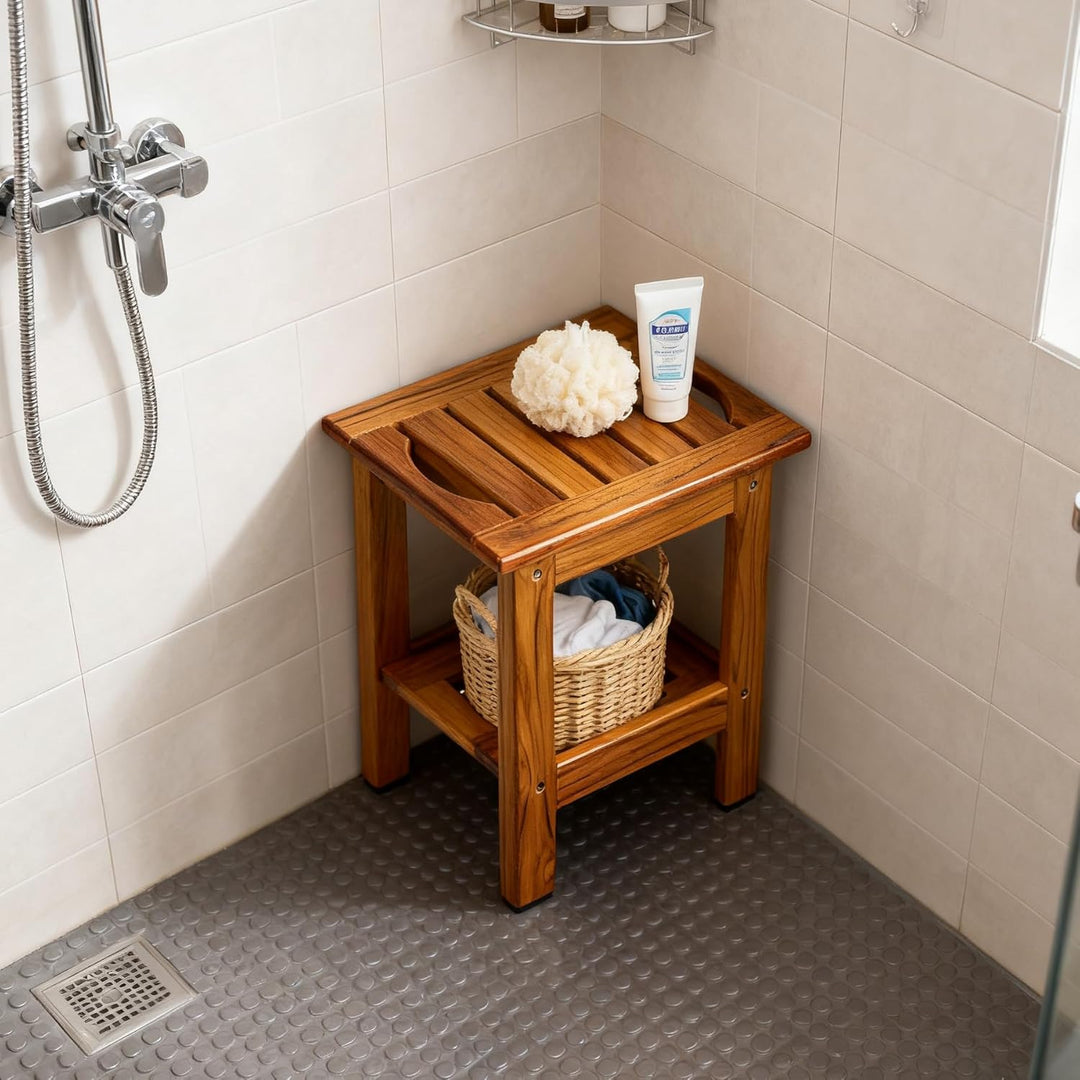 Utoplike Teak-Duschbank, kompakter Duschhocker mit Ablage und Griff, Kleiner zweistufiger Holzsitz m
