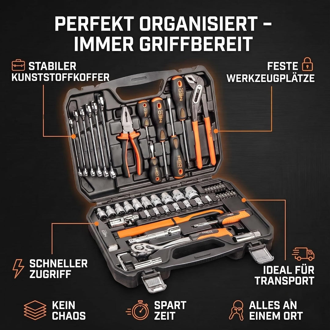 NEO TOOLS Universal Werkzeugkoffer 56-teilig mit Ratsche und Stecknüssen | CrV- und S2-Stahl; 72-Zah
