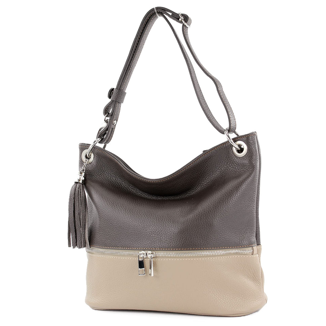 modamoda de - T143 - ital. Leder Schultertasche Umhängetasche Dark Chocolate/Taupe, Dark Chocolate/T