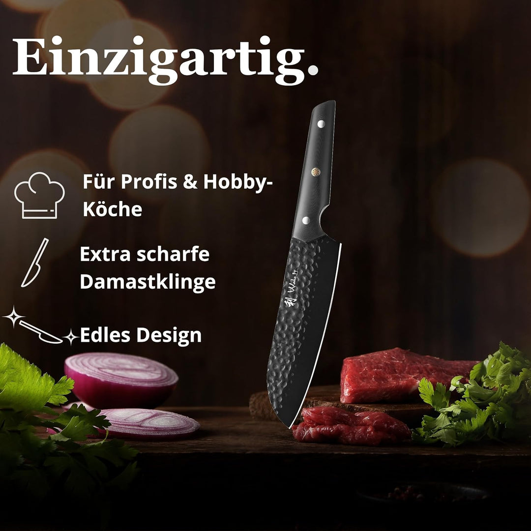 Wakoli Yugen Santokumesser 18 cm | Küchenmesser aus Edelstahl mit G10-Griff | Mattschwarze Titanbesc