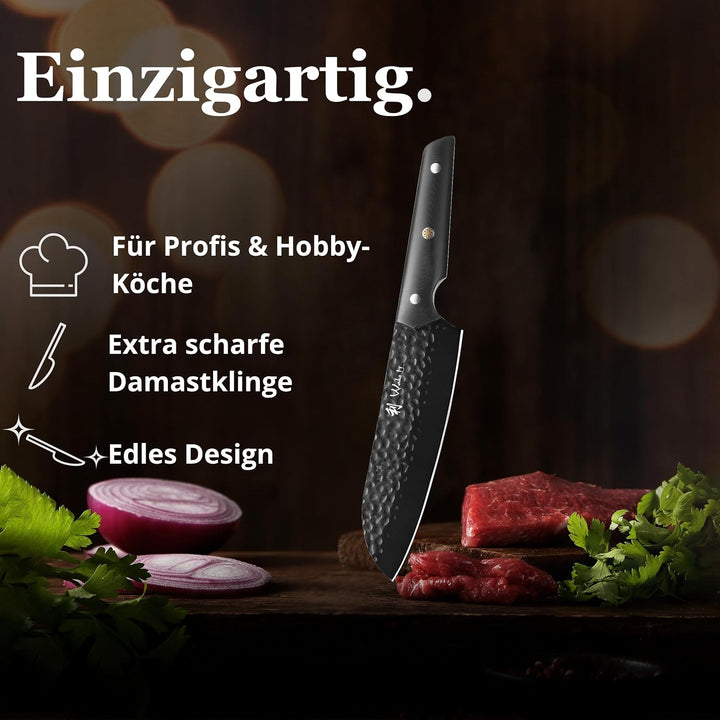 Wakoli Yugen Santokumesser 18 cm | Küchenmesser aus Edelstahl mit G10-Griff | Mattschwarze Titanbesc