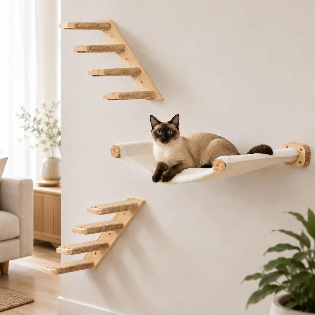 Kletterwand Katzen, Wandmontiertes Katzenhängematte, Katzen Kletterwand Set, Kiefernholz Katzenregal