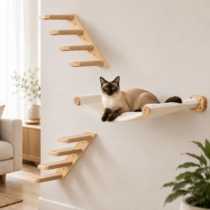 Kletterwand Katzen, Wandmontiertes Katzenhängematte, Katzen Kletterwand Set, Kiefernholz Katzenregal