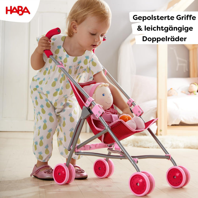 HABA 303815 - Puppenbuggy Jule , Handlicher Buggy mit Anschnallgurt , Lässt sich schnell zusammenkla