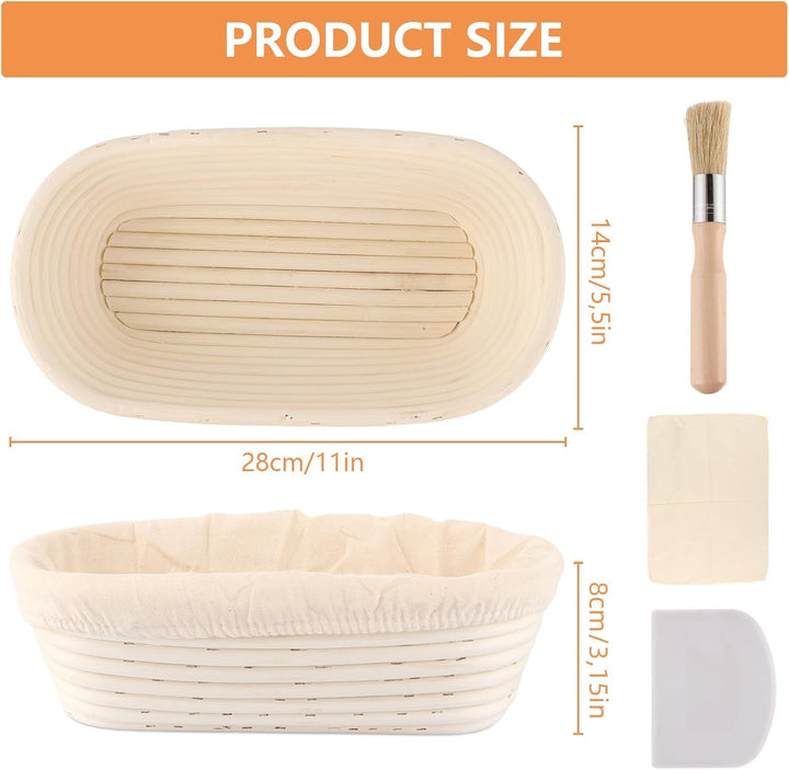 2 Stück Gärkörbchen Oval 28 cm, Gärkörbchen für Brot, Gärkorb Brot mit Bürste und Kunststoffspachtel
