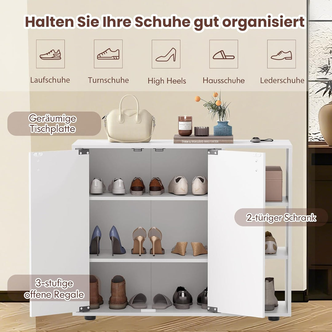 COSTWAY Schuhschrank, Schuhregal mit 2 Türen, verstellbaren offenen Regalen, Schuhkommode, Schuhaufb