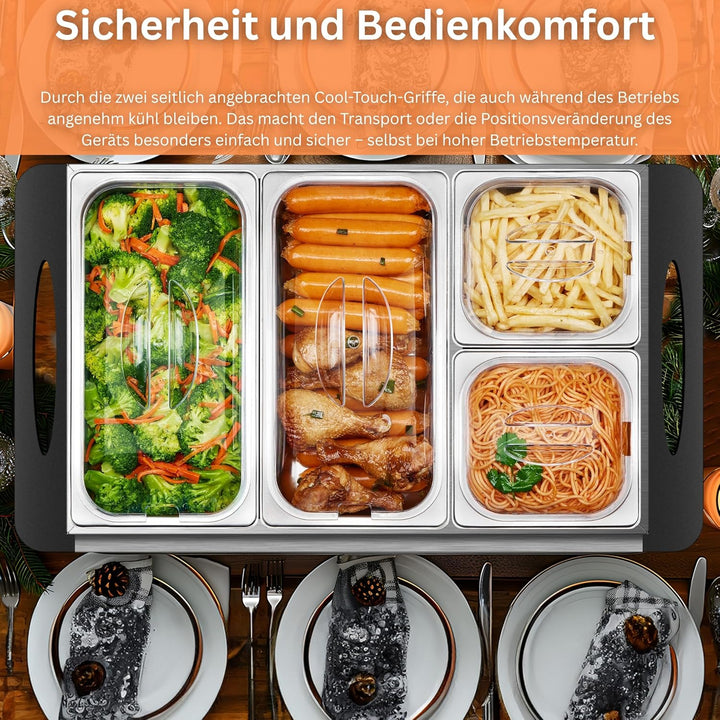 Buffetwärmer | Warmhalteplatte | Speisewärmer | 300 Watt | 4 Speisebehälter | Buffet Wärmer | Speise