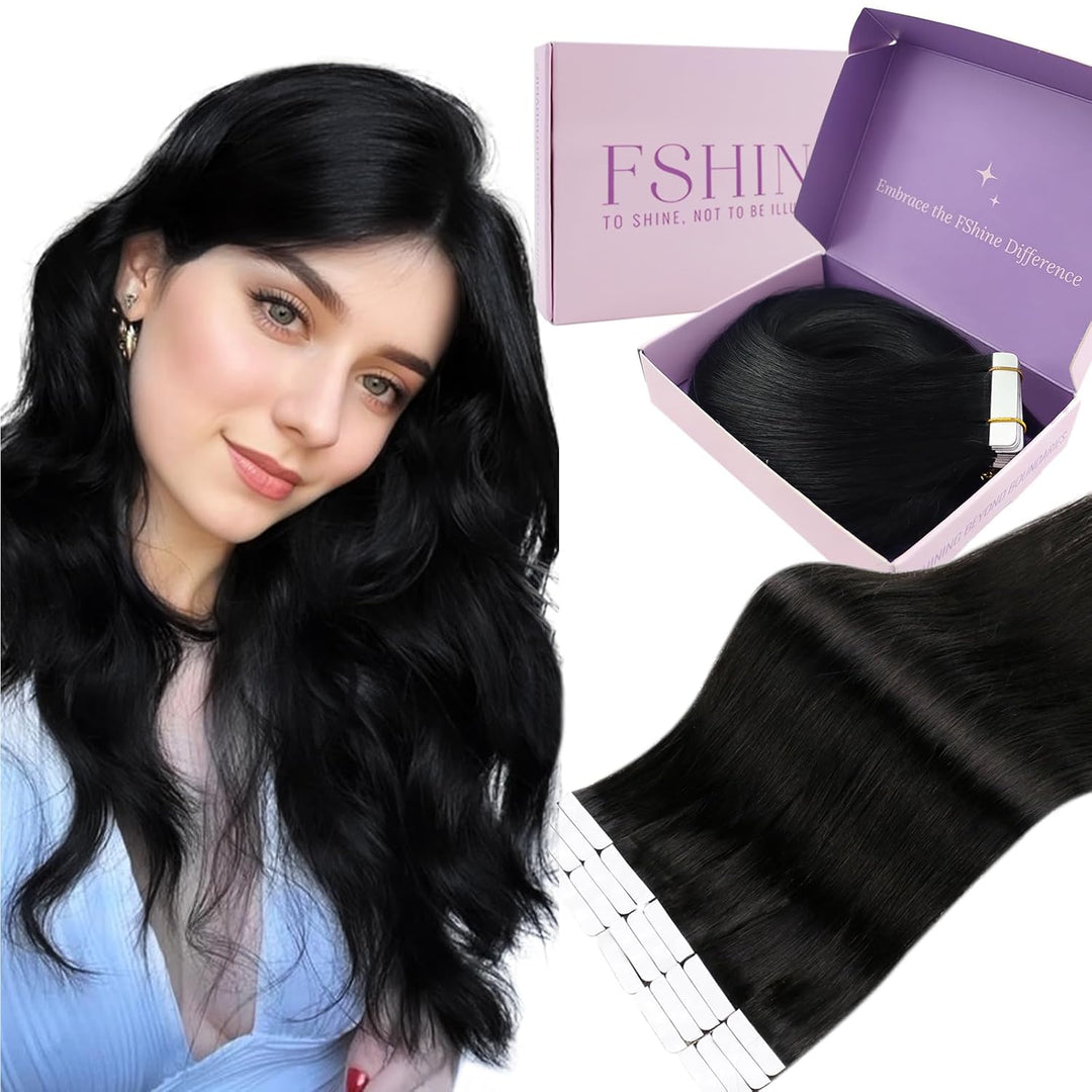 Fshine Tape in Extensions Echthaar Natürlich Schwarz 40 cm 20 Stücke 50 g Klebeband in Haarverlänger