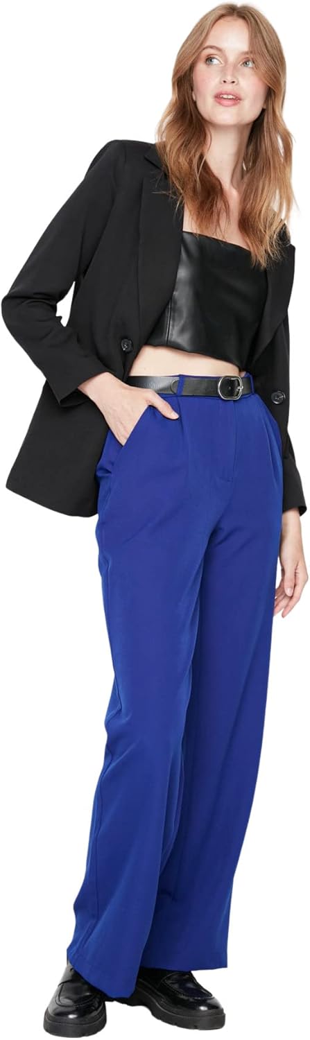 TRENDYOL Damen Herren Basic Hoher Bund Wide Leg Hose Pants 32W Blau, 32W Blau