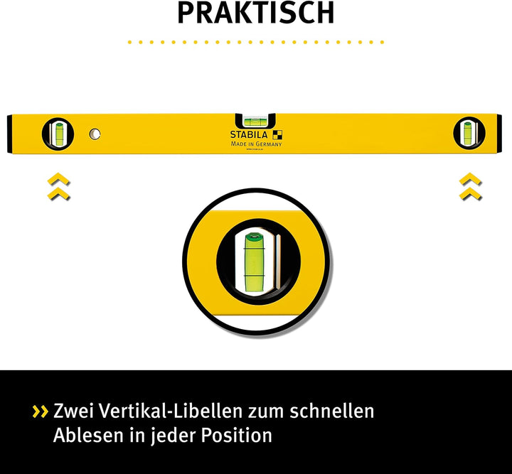 STABILA Wasserwaage Type 70-2, 180 cm, leichtes Alu-Profil, 1 Horizontal-Libelle, 2 Vertikal-Libelle