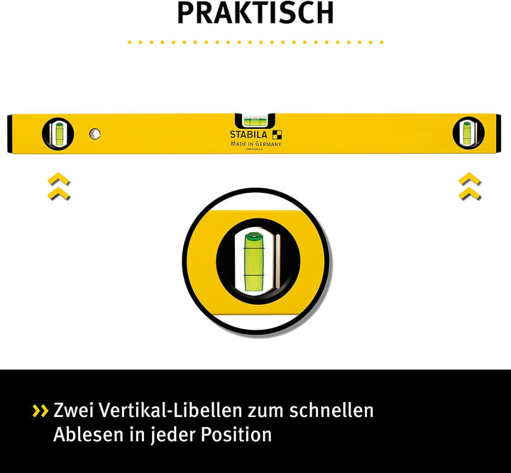 STABILA Wasserwaage Type 70-2, 120 cm, leichtes Alu-Profil, 1 Horizontal-Libelle, 2 Vertikal-Libelle