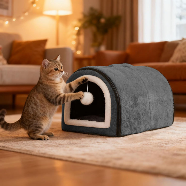 Beheiztes Katzenbett Katzenhöhle, Abnehmbare Halb-Umschliessende Nestform mit Gewölbtem Dach & Tempe