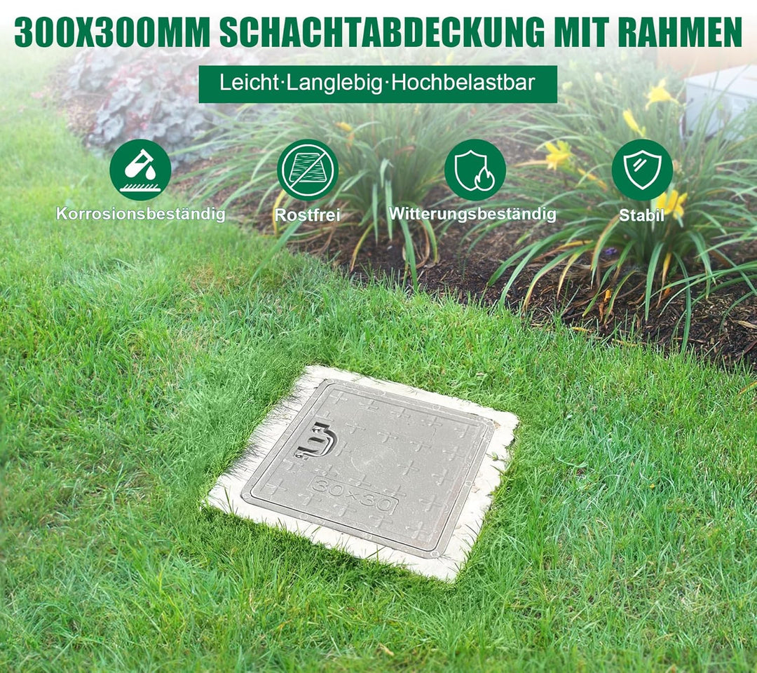 Schachtabdeckung mit Rahmen 300x300 mm GFK A15 Schachtdeckel mit Griff Kanaldeckel Inspektionsschach