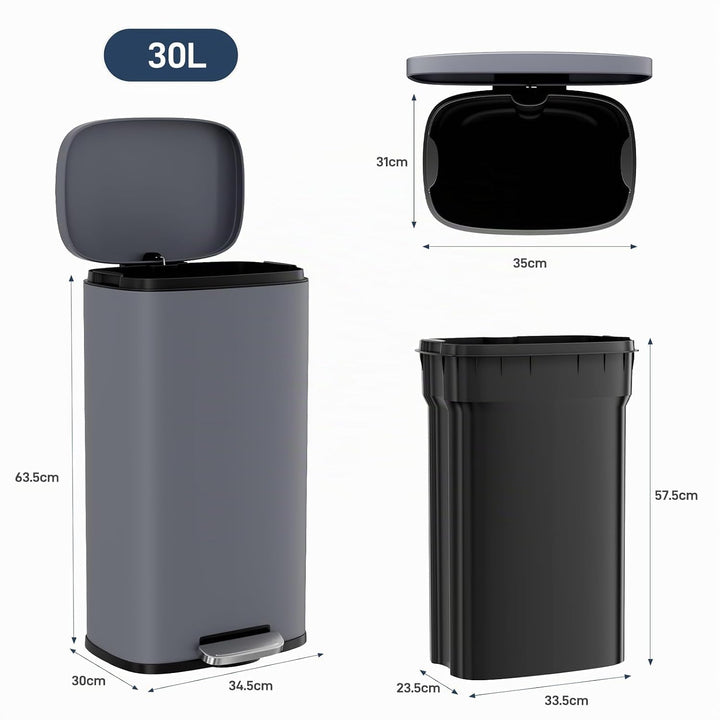 Clevich Mülleimer 30L aus Stahl, Abfalleimer, Tretmülleimer mit Soft-Close Deckel, Fusspeda, abnehmb