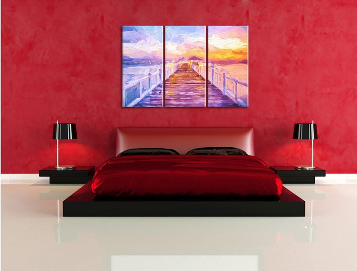 Pixxprint Steg ins Meer bei Sonnenuntergang als Leinwandbild/Grösse: 3 Teilig (120x80) cm/Wandbild/K