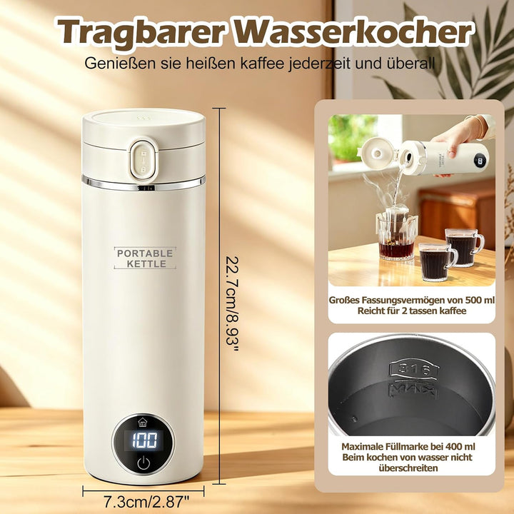 Reise Elektrisch Wasserkocher mit Temperatureinstellung, 500ML Flaschenwärmer Baby Unterwegs Mini Wa