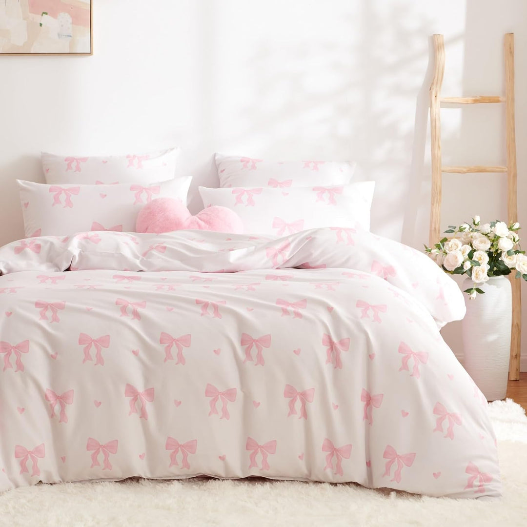 Freyamy Schleife Bettwäsche 135x200cm 2teilig Beige Rosa Schleifen Herz Mädchen Wendebettwäsche Set