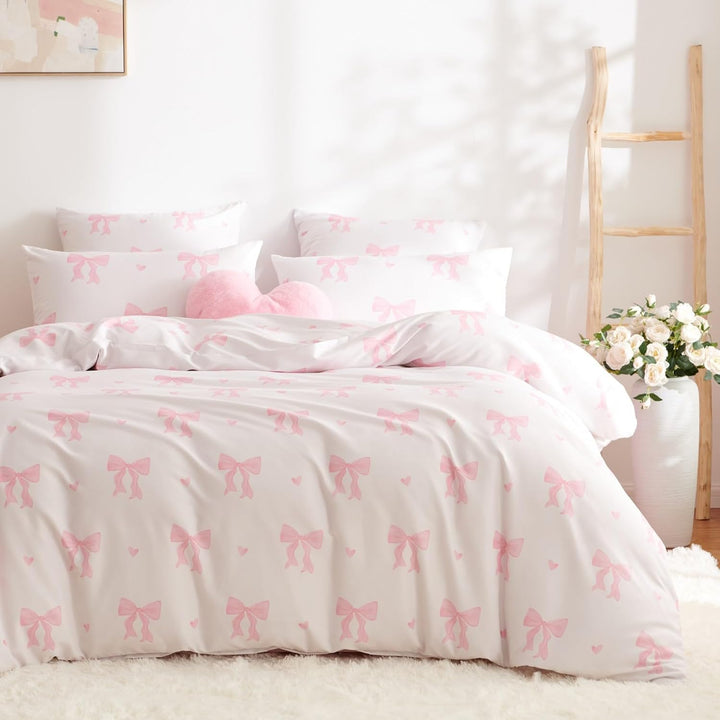 Freyamy Schleife Bettwäsche 135x200cm 2teilig Beige Rosa Schleifen Herz Mädchen Wendebettwäsche Set