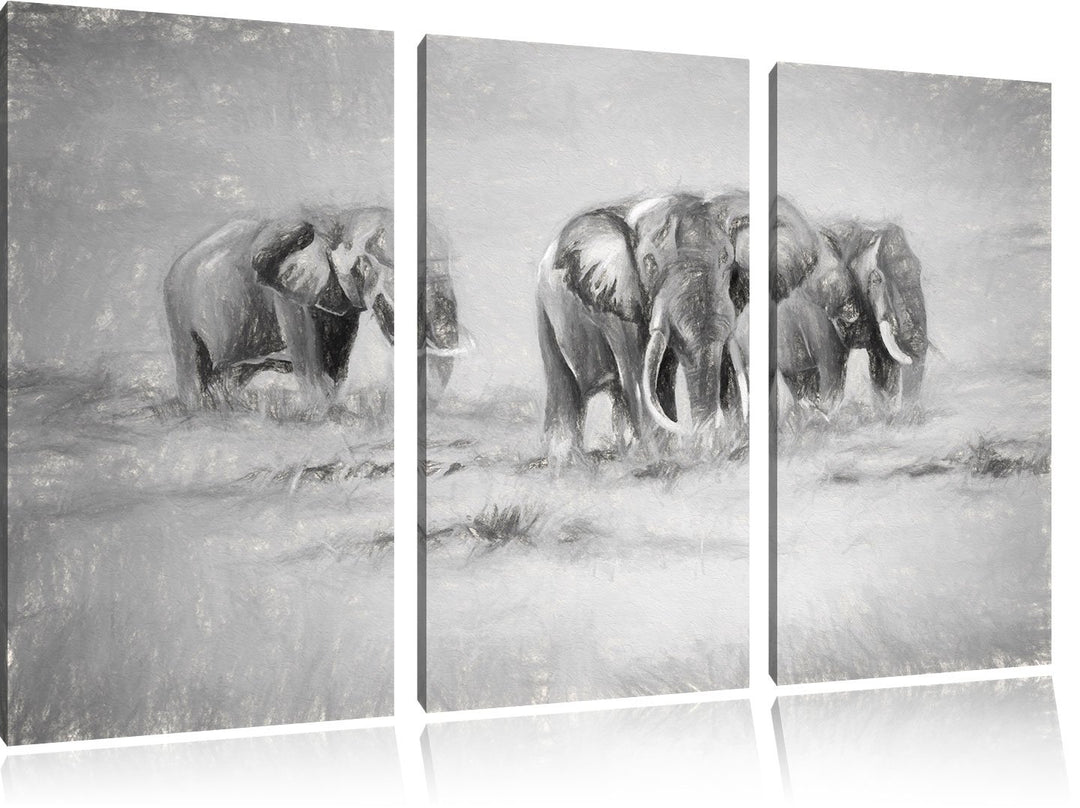 Pixxprint Elefanten in Südafrika / 3-Teilig/Gesamtmass 120cm Leinwandbild bespannt auf Holzrahmen/Wa