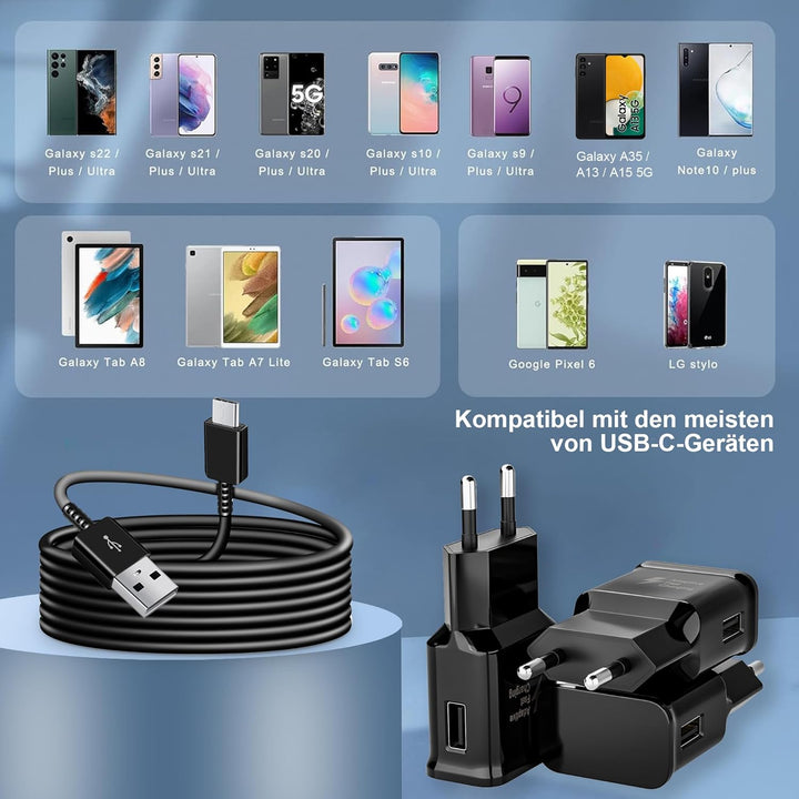 3er-Pack 15W USB Ladegerät, Schnellladegerät Handy Netzteil Stecker mit 1,5M Ladekabel Typ C für Sam