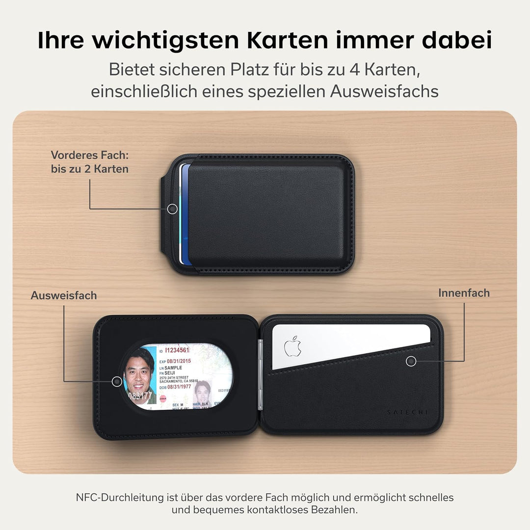 SATECHI Magsafe Wallet und Double Flap Stand mit Magnetfunktion, iPhone Wallet mit 4 Kartenfächern,