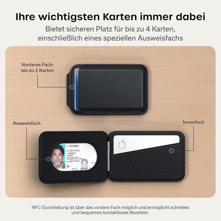 SATECHI Magsafe Wallet und Double Flap Stand mit Magnetfunktion, iPhone Wallet mit 4 Kartenfächern,