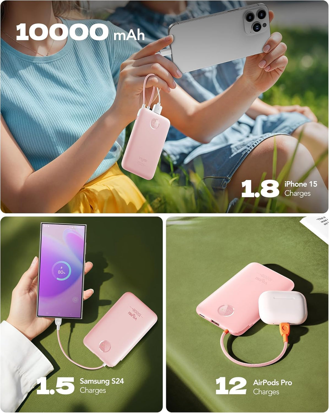 VIYISI Powerbank 10000mAh Ultradünn, 22.5W PD 20W Fast Charge mit Integriertem USB-C Kabel, LED-Anze