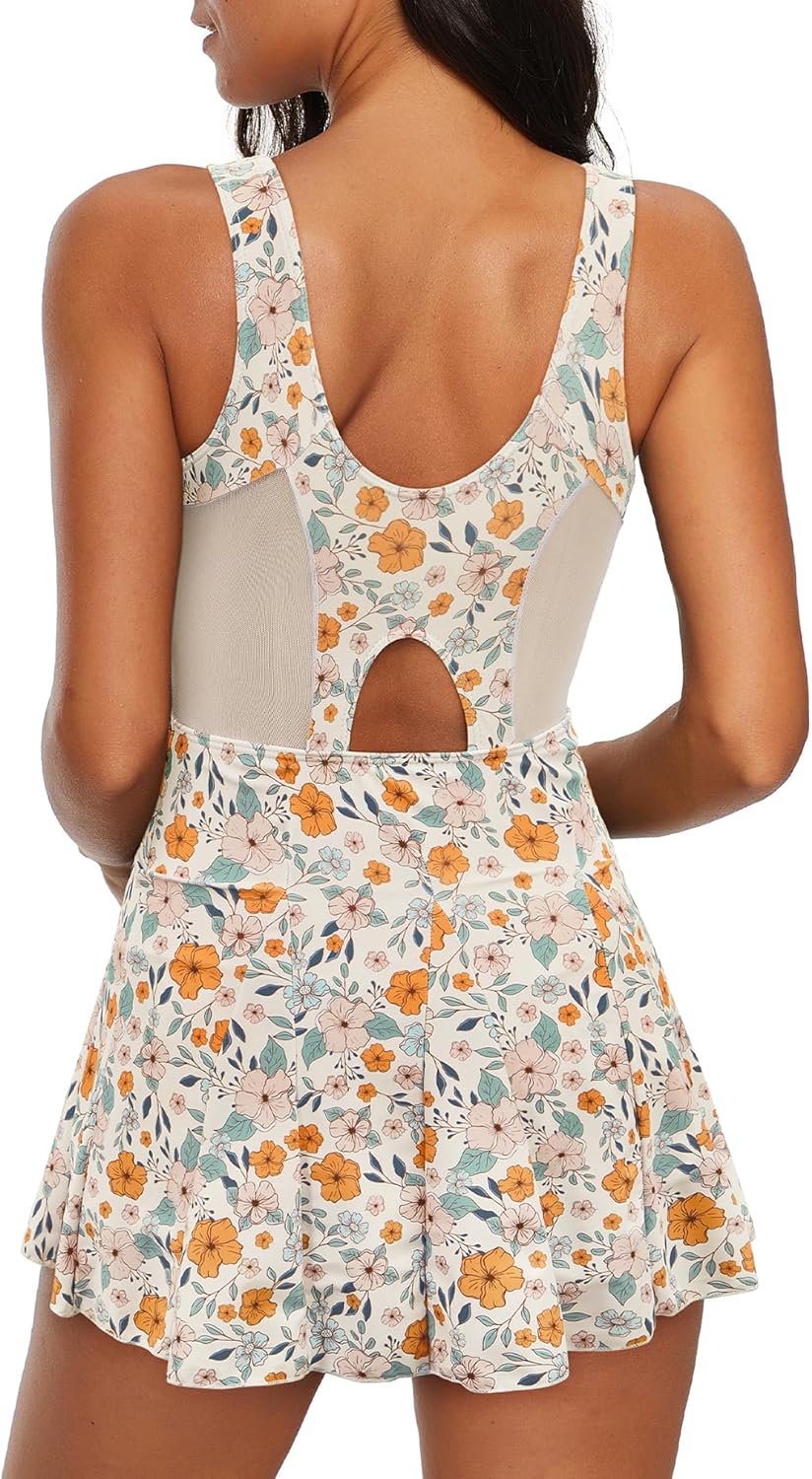 Durio Badekleid Damen Badeanzug Bauchweg Push Up Einteilig Netzstoff Rückenfrei Elegant Bademode mit