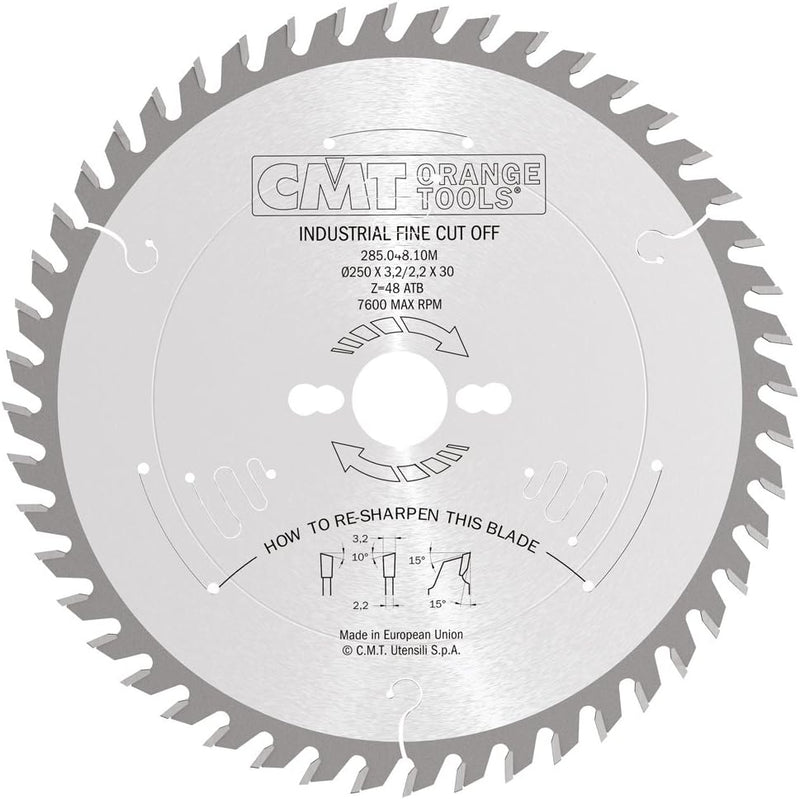 CMT Orange Tools Kreissägeblatt HW 250 x 3,2 / 2,2 x 30 Z=48 10° ATB - 285.048.10M - für Querschnitt