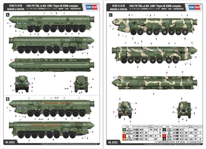 HobbyBoss 82952 1/72 15U175 TEL auf RS12M1 Topol-M ICBM Modellbausatz, Geformte Farbe