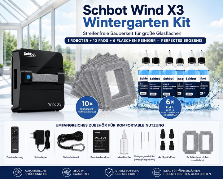 Wind X3 Wintergarten Kit – Fensterputzroboter mit Sprühfunktion für Wintergarten über Kopf, 10 Mikro