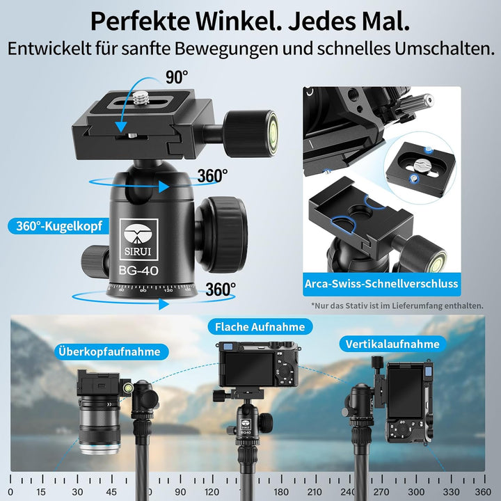 SIRUI AM-5C Carbon Reisestativ, 140cm Kompaktes leichtes Carbon Tripod mit 360° Panorama-Kugelkopf f