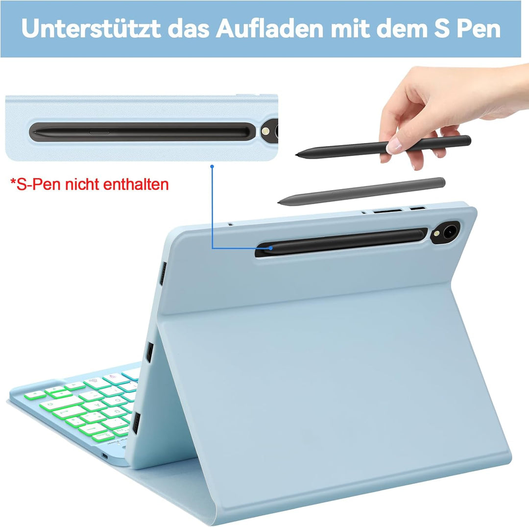 Bettdow für Samsung Galaxy Tab S9 FE 2023 Tastatur Hülle, QWERTZ Layout Abnehmbarer Beleuchtete Tast