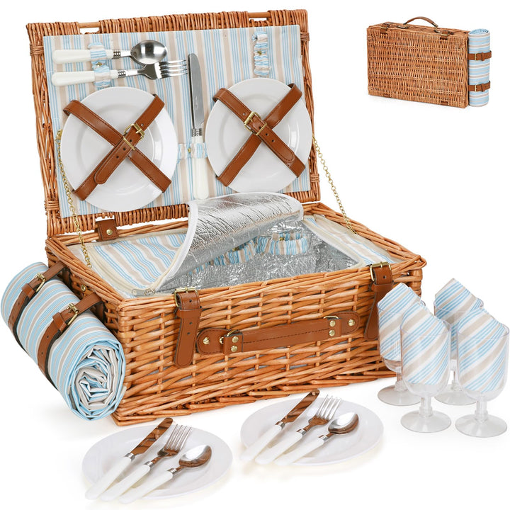 HappyPicnic Wicker Picknickkorb für 4 Personen, Willow Storage Hamper Service Geschenkset für Campin
