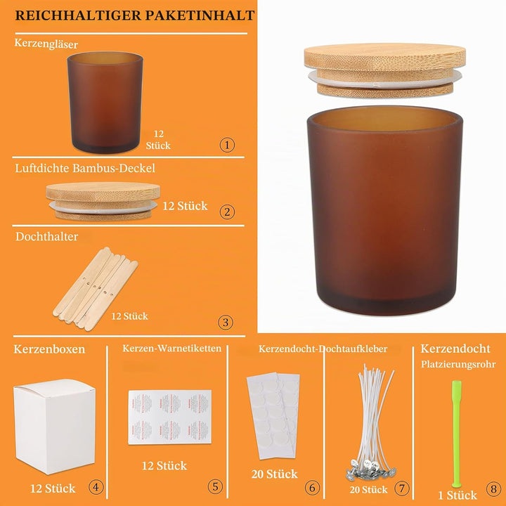 MILIVIXAY Mattierte bernsteinfarbene Kerzengläser aus Glas mit Deckeln und Kerzenherstellungs-Sets,