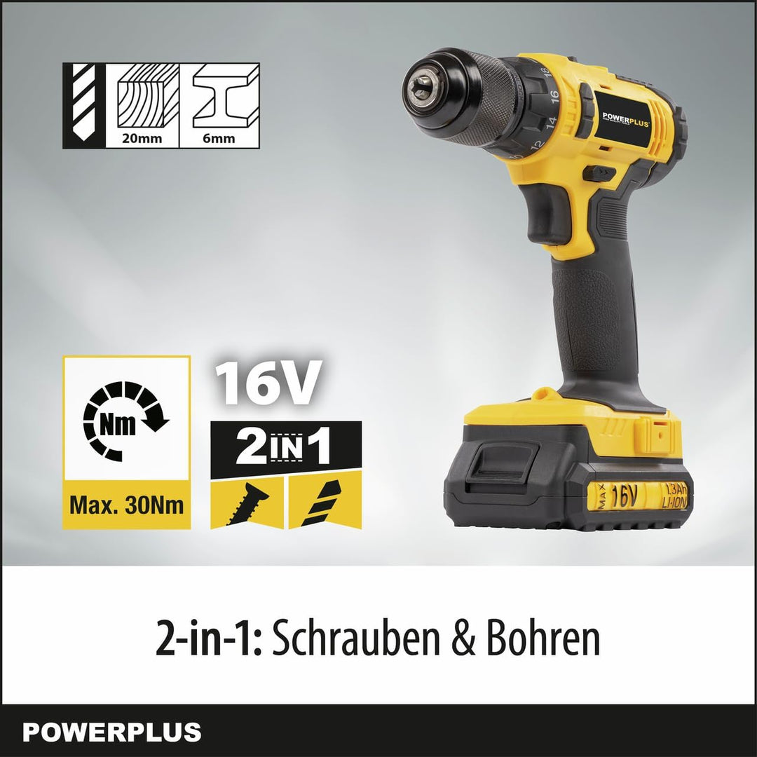Powerplus Akkuschrauber & Bohrer POWX00425 - Akku Schraubendreher & Bohrer 16V, inkl. 2 x 1,3Ah Akku