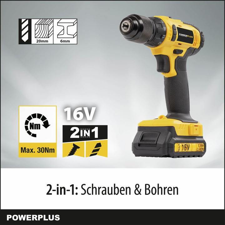 Powerplus Akkuschrauber & Bohrer POWX00425 - Akku Schraubendreher & Bohrer 16V, inkl. 2 x 1,3Ah Akku