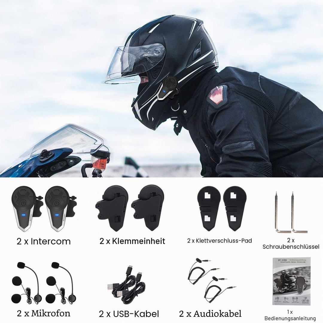 BETOWEY BT-S3 Doppeltes Motorrad Intercom-Set für 2 Personen - 1000m Reichweite, Bluetooth Helm-Komm