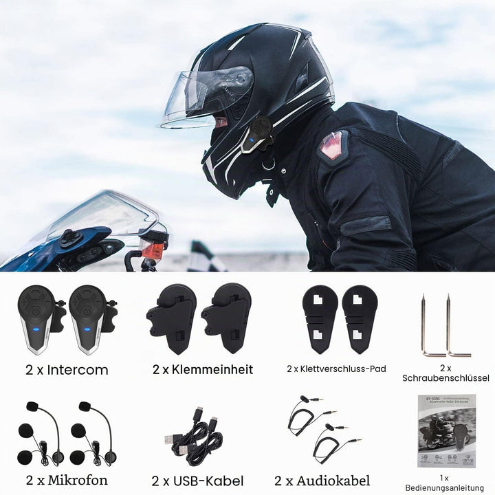 BETOWEY BT-S3 Doppeltes Motorrad Intercom-Set für 2 Personen - 1000m Reichweite, Bluetooth Helm-Komm