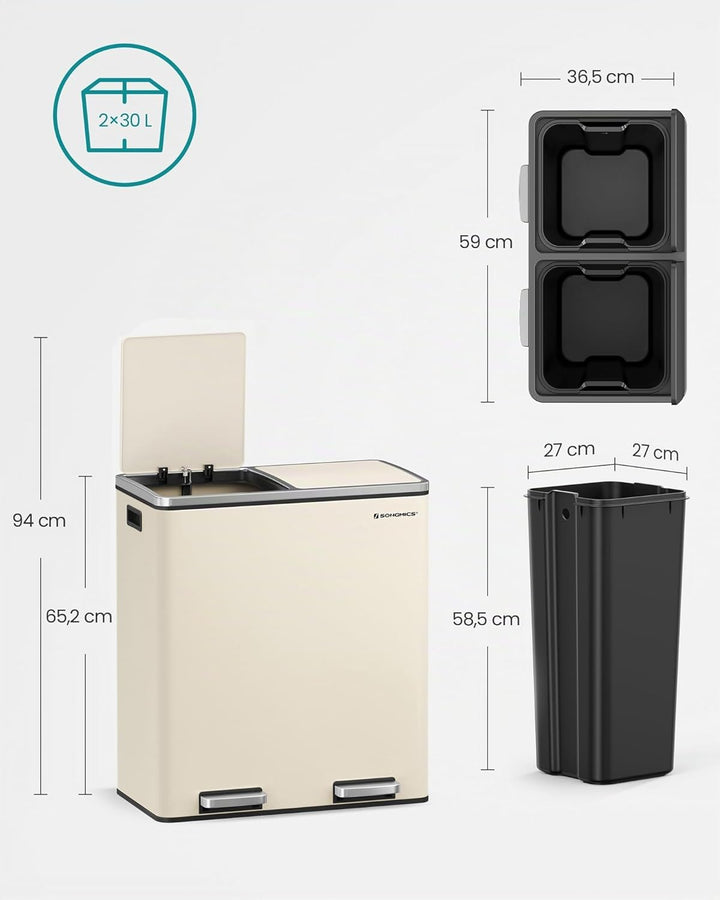 SONGMICS Mülleimer, 2 x 30 Liter, 2 Fächer, Mülltrennsystem, Treteimer, Abfalleimer Küche, 15 Müllsä