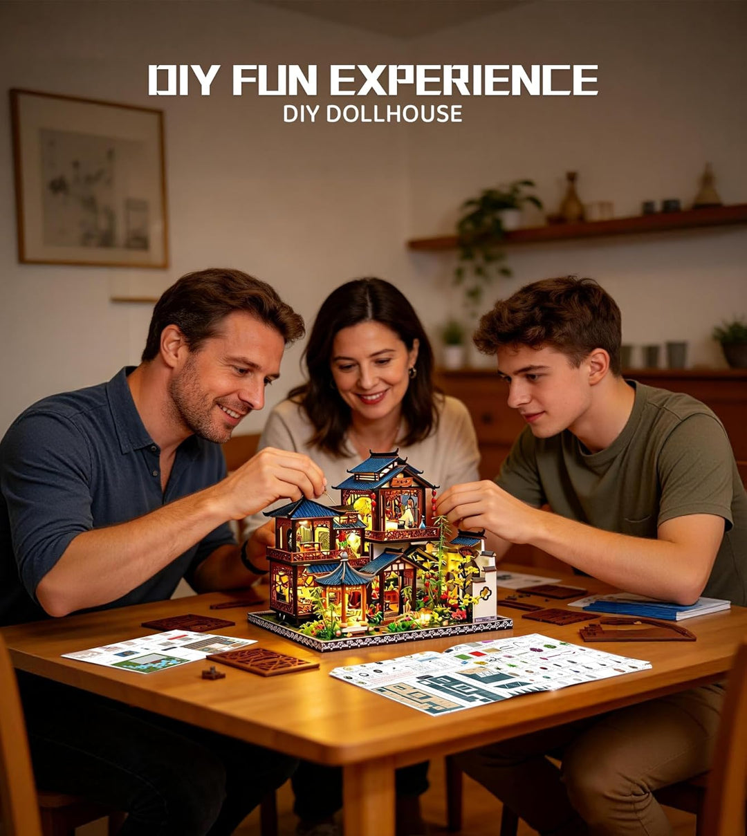 Spilay DIY Miniature House, Chinesisches Gartenhaus Miniatur Puppenhaus mit Musikbox & Staubschutzha