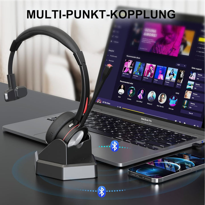 Beebang Bluetooth Headset mit Mikrofon für PC, Wireless Headset mit USB Adapter & Ladestation, 40 St