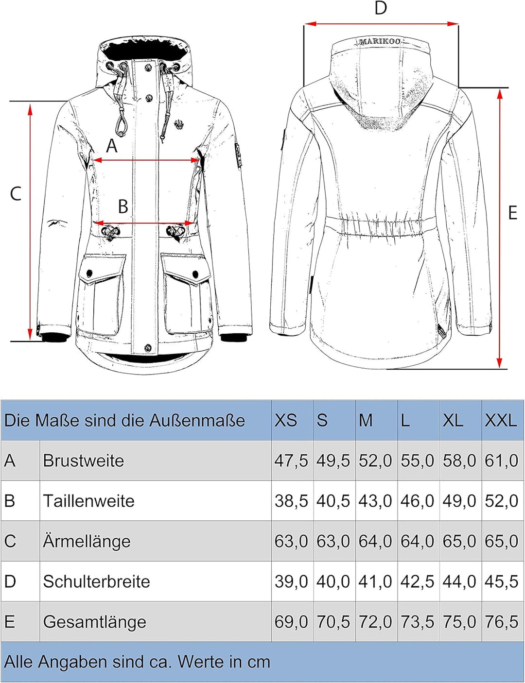 MARIKOO Damen Parka Übergangs-Jacke leicht gefüttert mit Kapuze Babetaa S Cherry Red, S Cherry Red