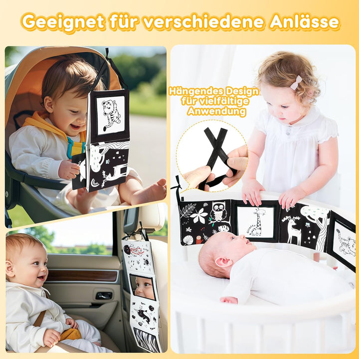 URMYWO Kontrastkarten Baby, Schwarz Weiss Doppelseitig Baby Stoffbuch, Kontrastbuch für Neugeborene
