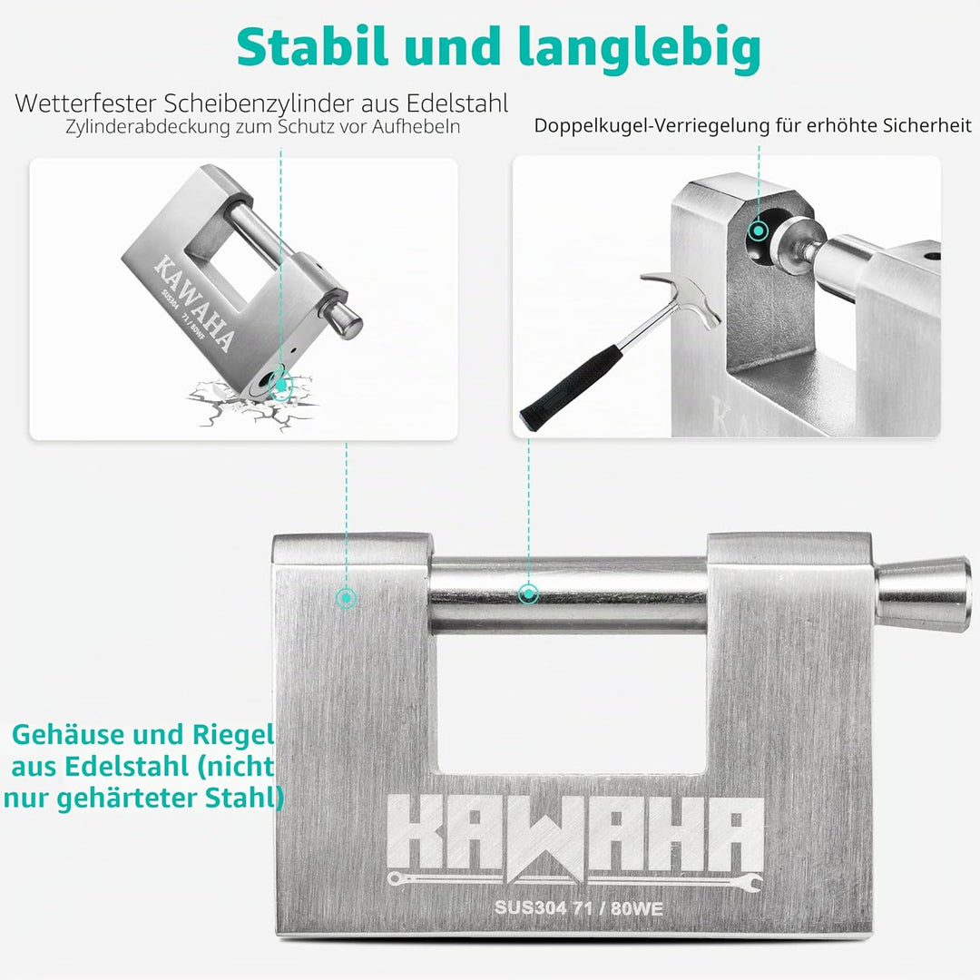 71/80KD-3SK Vorhängeschloss aus Edelstahl, D-förmig, robust, mit Schlüssel für Garagentor, Container