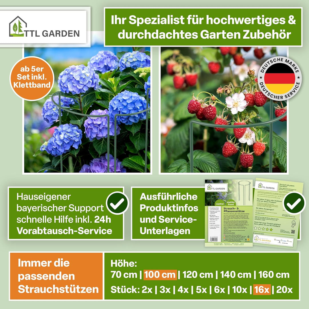 TTL GARDEN Strauchstützen 100cm x 40cm 16er Set + Klettband - Pflanzenstütze Stahl rostfrei Kunststo