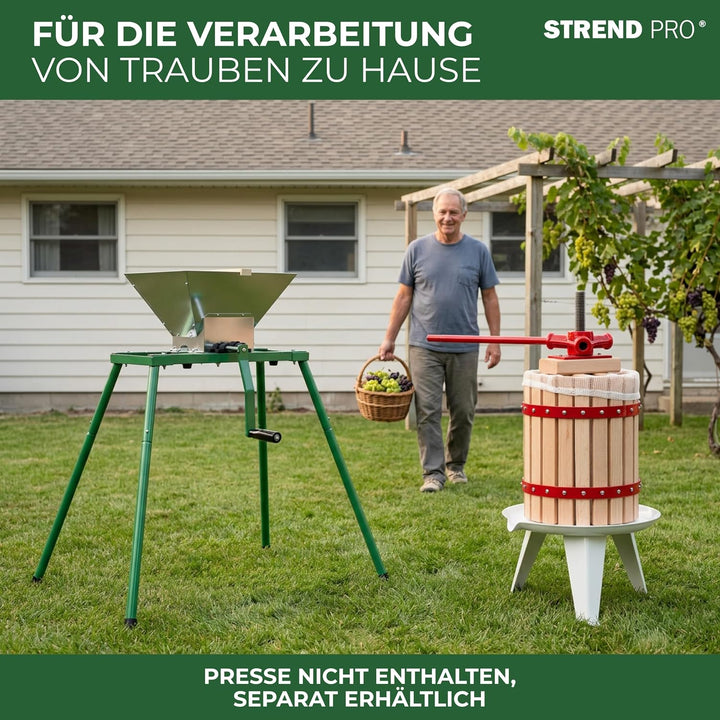 STREND PRO Traubenmühle 7 L Edelstahl mit Metallständer | Maischemühle Beerenmühle mit Handkurbel |