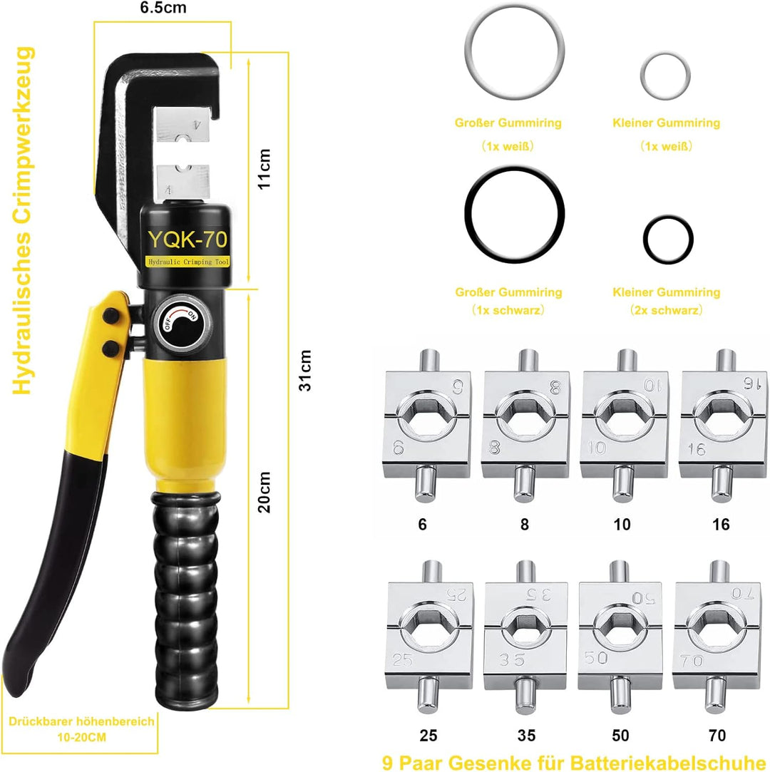 Brileine Hydraulische Crimpzange 4–70 mm² – Batteriekabelschuh Crimpzange mit 9 Crimpbacken für Kupf