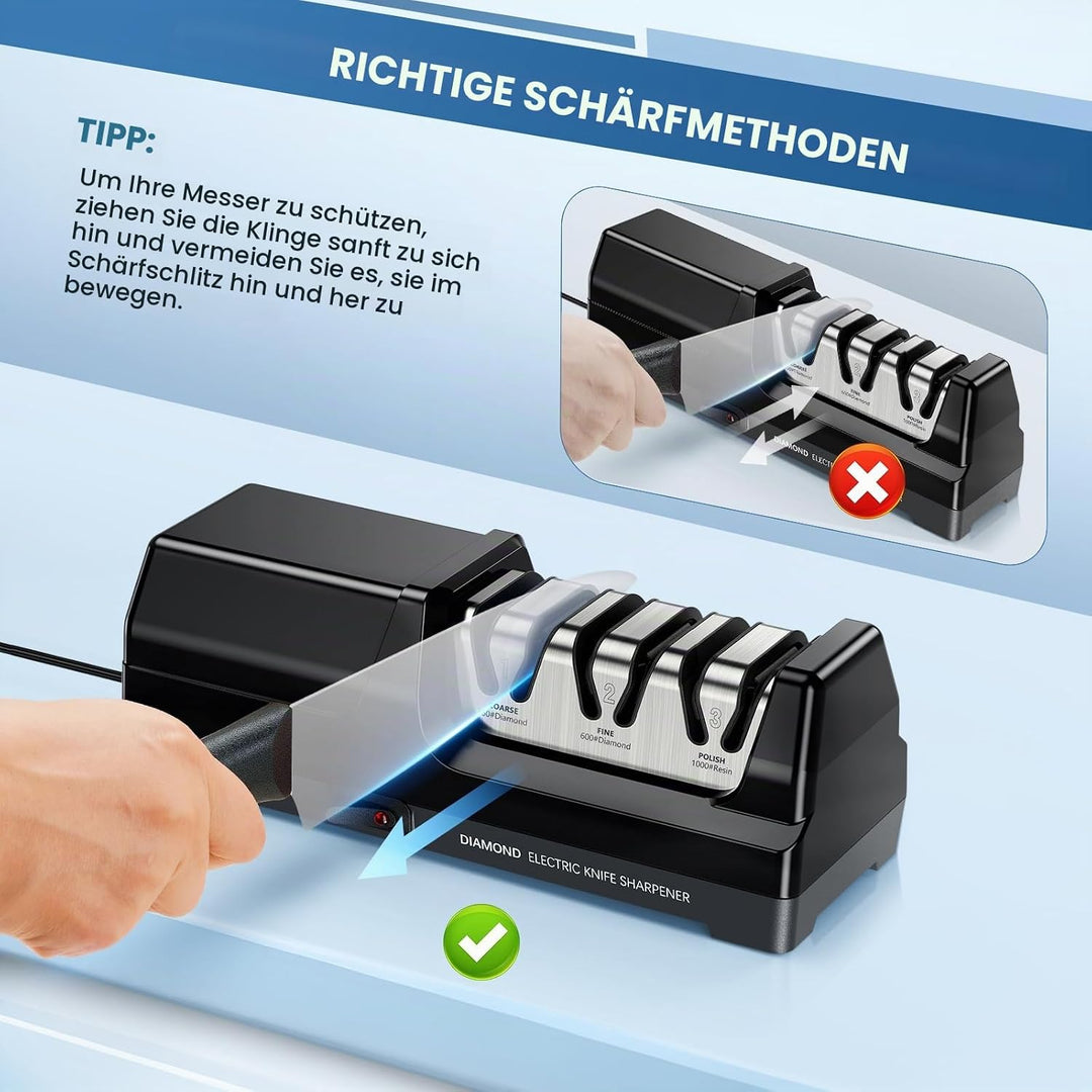 Elektrischer Messerschärfer mit 100% Diamant, Professionelle 3-stufiger 20 Grad Küchenmesserschärfer